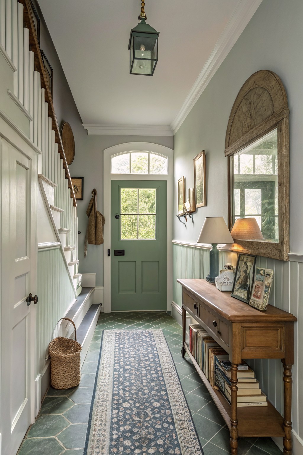 Pale sage green walls in a cozy entryway with white stairs, green door, wood console table, and blue runner rug