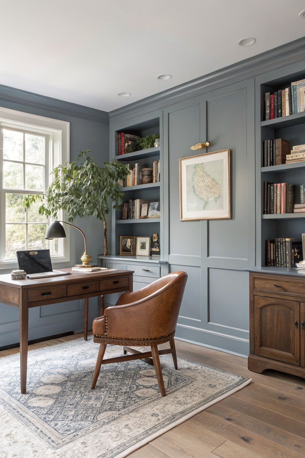 Home office featuring soft blue-gray paneled walls with built-in bookshelves, wooden desk, tan leather chair, and potted plant near window