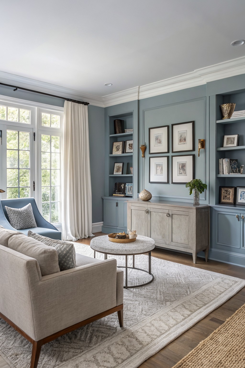 Living room with soft blue-gray paneled walls, beige sofa, wood floors, and large windows letting in natural light