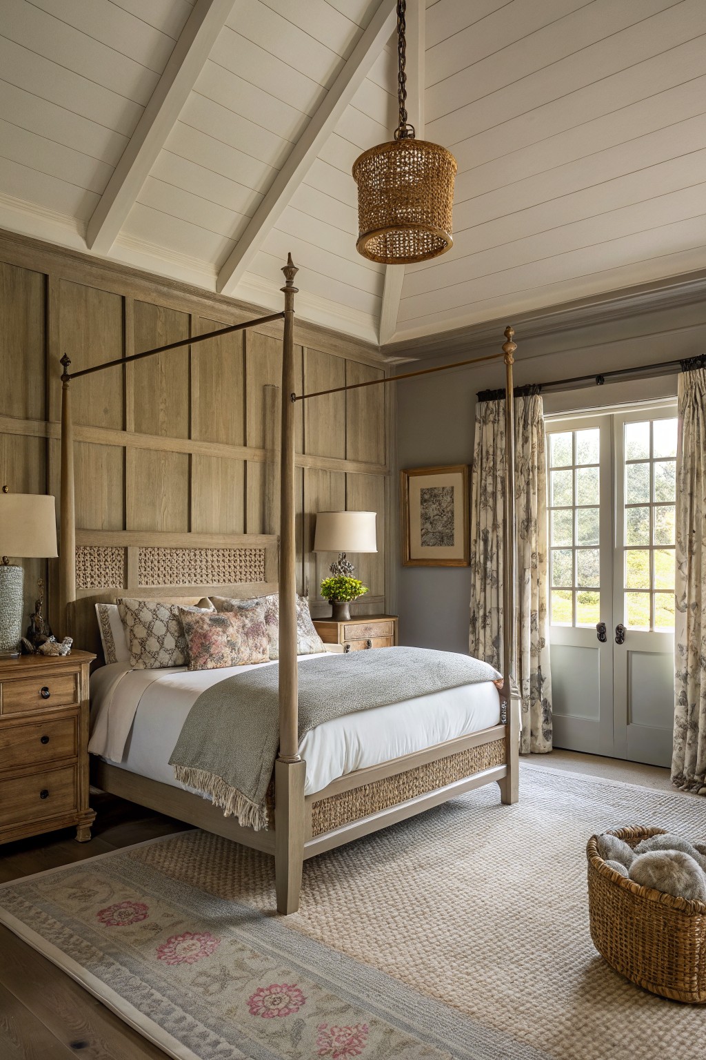 Cozy bedroom with light wood-paneled walls, four-poster bed, woven ceiling light, French doors framed in soft greige trim, neutral rug and throws