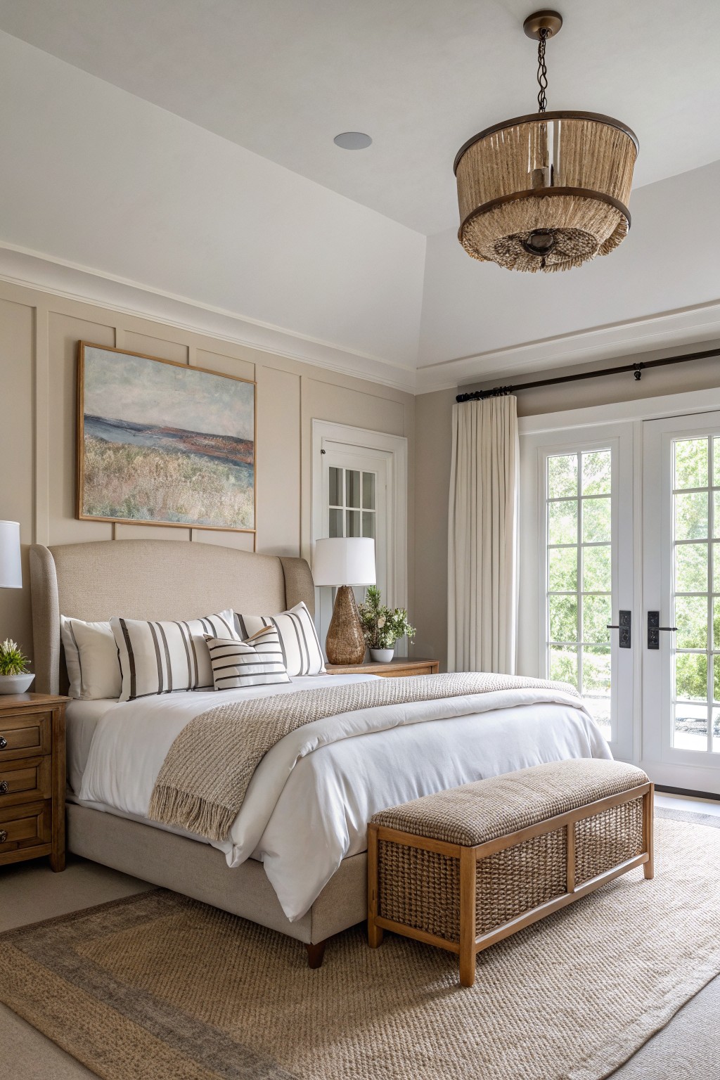Bedroom interior with soft greige walls, beige tufted bed, wood furniture, and French doors to outdoors