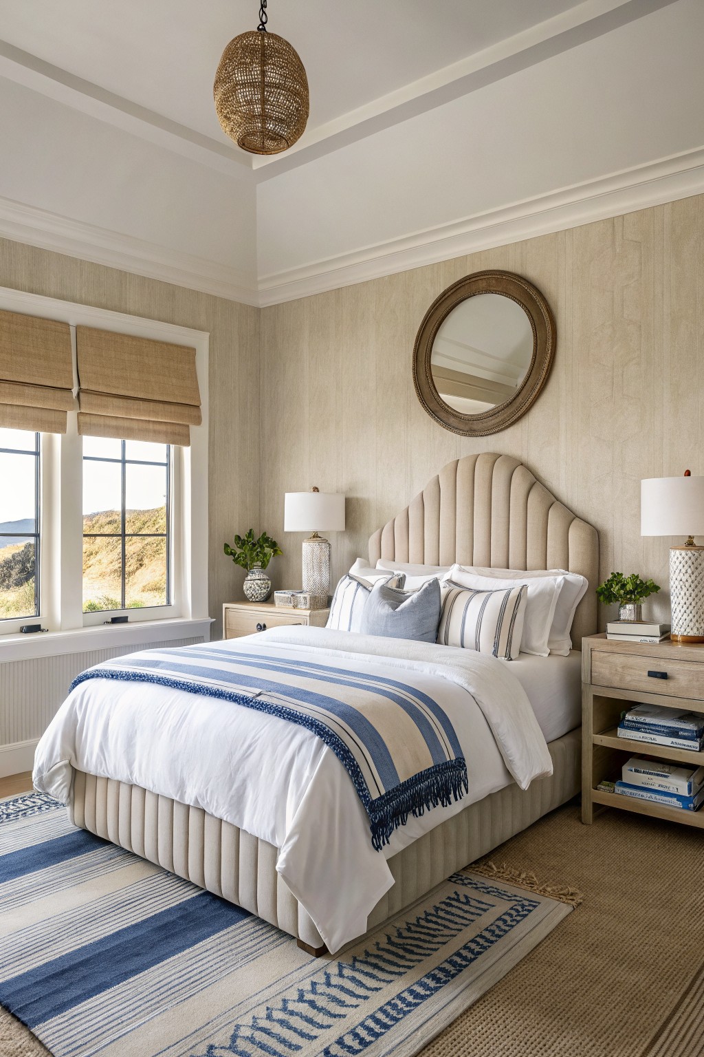 Bedroom with warm beige textured walls, tufted cream headboard, blue striped bedding, wood nightstands, and window overlooking coastal hills