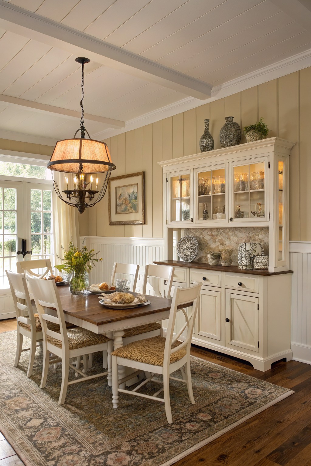 Dining room featuring warm beige shiplap walls, white wainscoting trim, wooden table with chairs, and a glass-front hutch against a window.