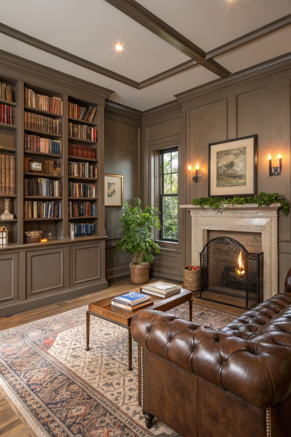 Elegant library interior featuring warm greige paneled walls, extensive bookshelves, tufted leather sofa, ornate fireplace, and Persian rug