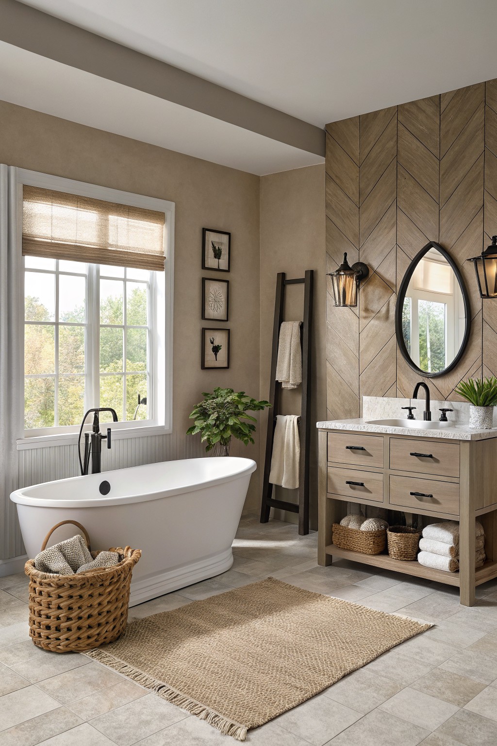 Bathroom featuring warm greige walls, freestanding white tub, wooden vanity, and chevron wood accent wall