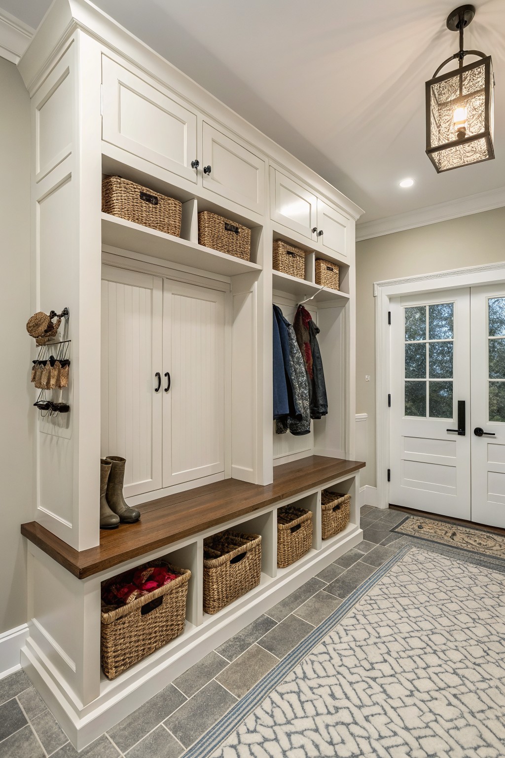 Mudroom cabinetry painted in warm white with wood bench seat, wicker baskets, coats on hooks, and a soft gray wall nearby