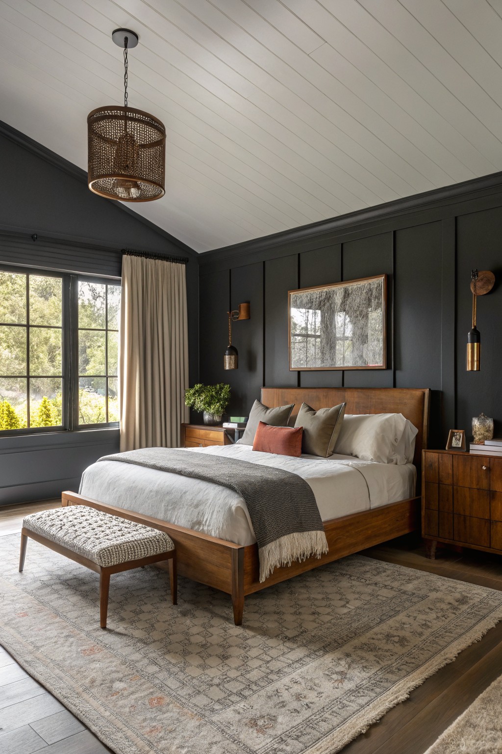 Cozy bedroom featuring deep charcoal gray walls accented by a wooden bed frame, neutral textiles, and warm lighting from a rattan pendant