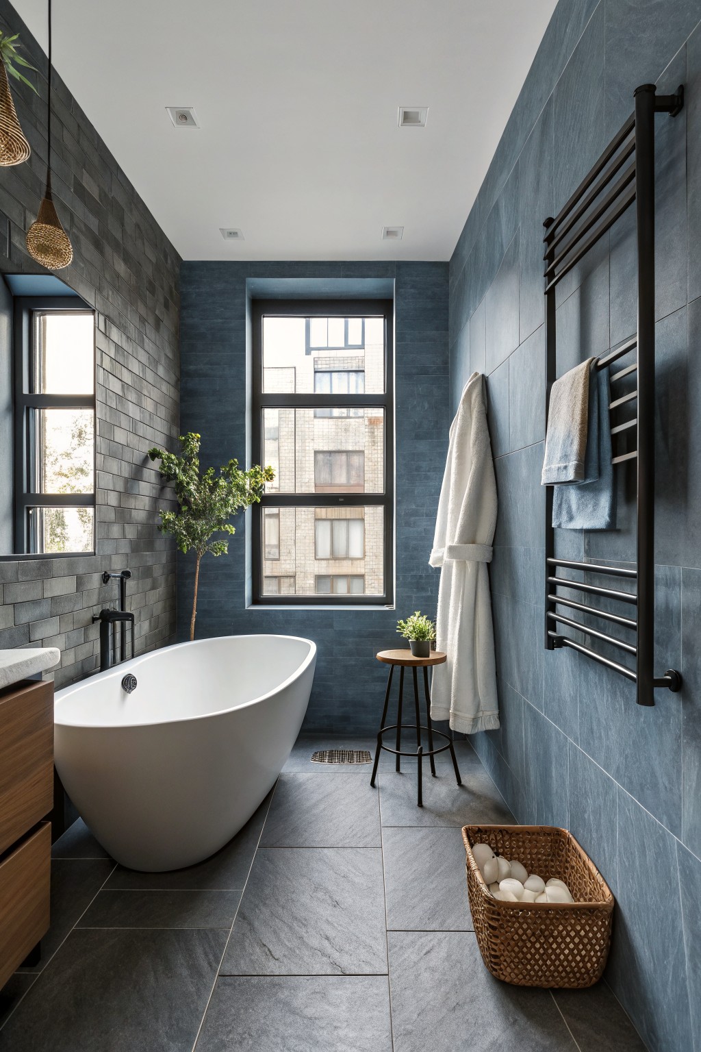 Modern bathroom featuring deep blue tiled walls, freestanding oval bathtub, wooden vanity, black towel rail with robes and towels, potted plants, and woven basket on dark slate floor