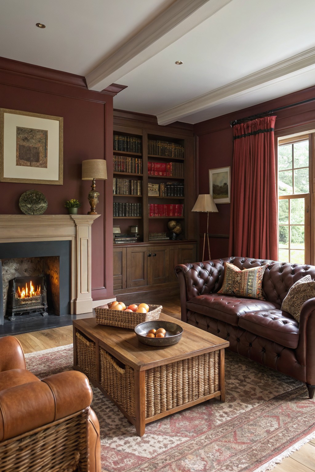 Living room with deep burgundy paneled walls, tufted leather sofa, woven coffee table with fruit bowls, lit fireplace, and wooden bookshelves