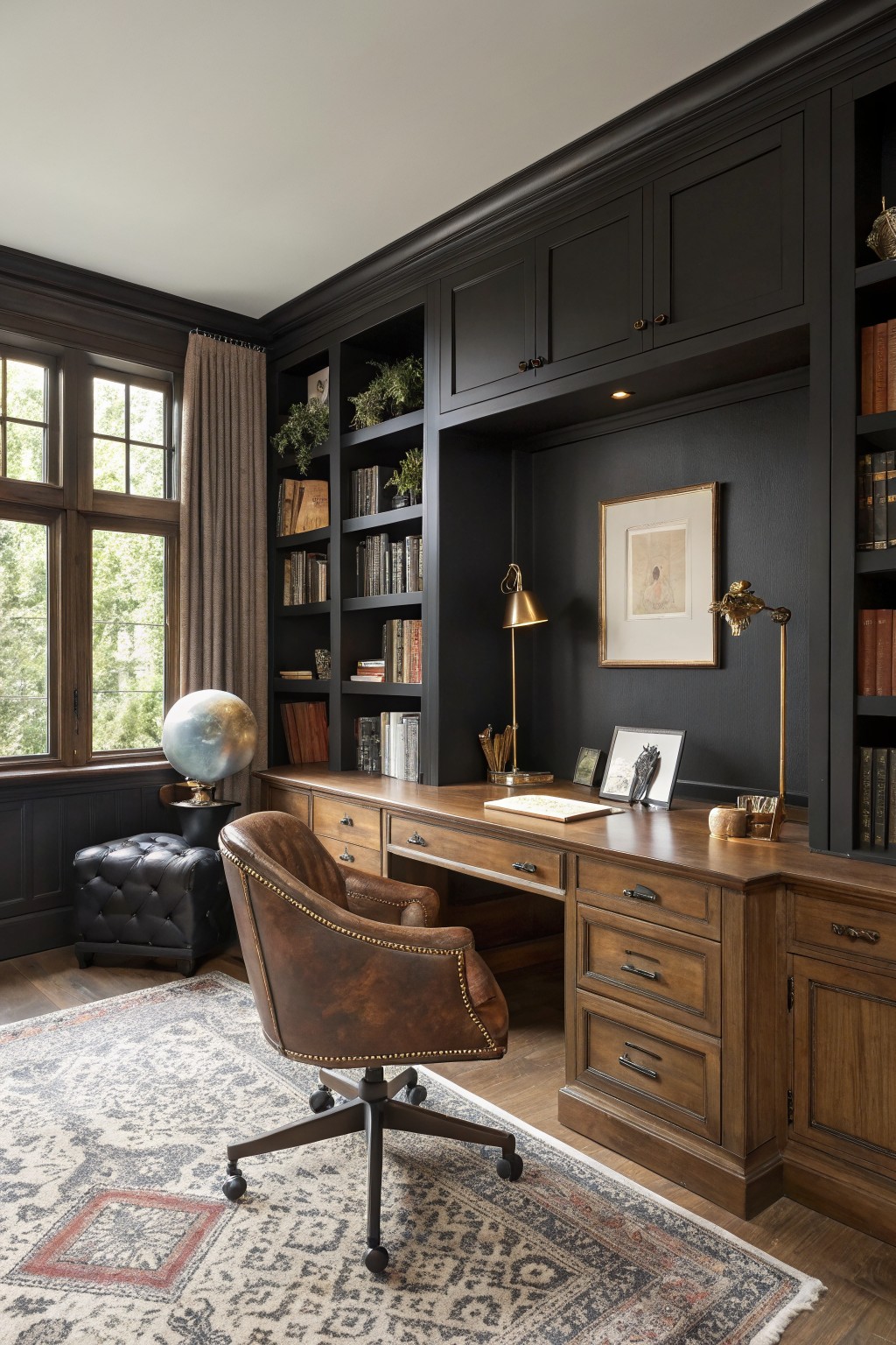 Cozy home office with deep charcoal gray walls, warm wood built-ins and desk, brown leather chair, brass accents, and window views
