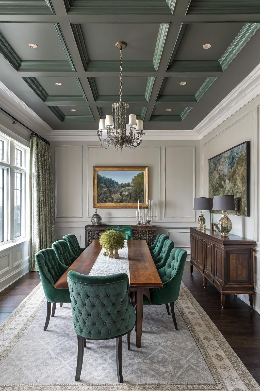 Elegant dining room with coffered deep green ceiling, light greige paneled walls, dark wood rectangular table surrounded by emerald green tufted chairs, matching wooden sideboards, crystal chandelier, and large windows with patterned drapes over hardwood floors.