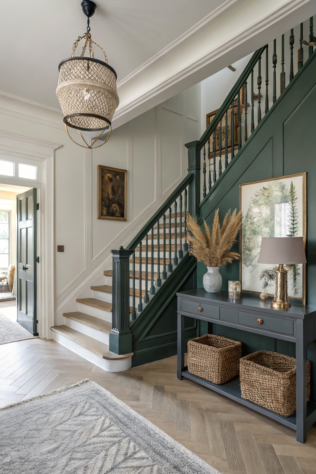 Dramatic entry hall featuring deep green painted staircase with oak treads, white paneled walls opposite, dark wood console table holding lamp, pampas grass, and rattan baskets, plus woven pendant light overhead
