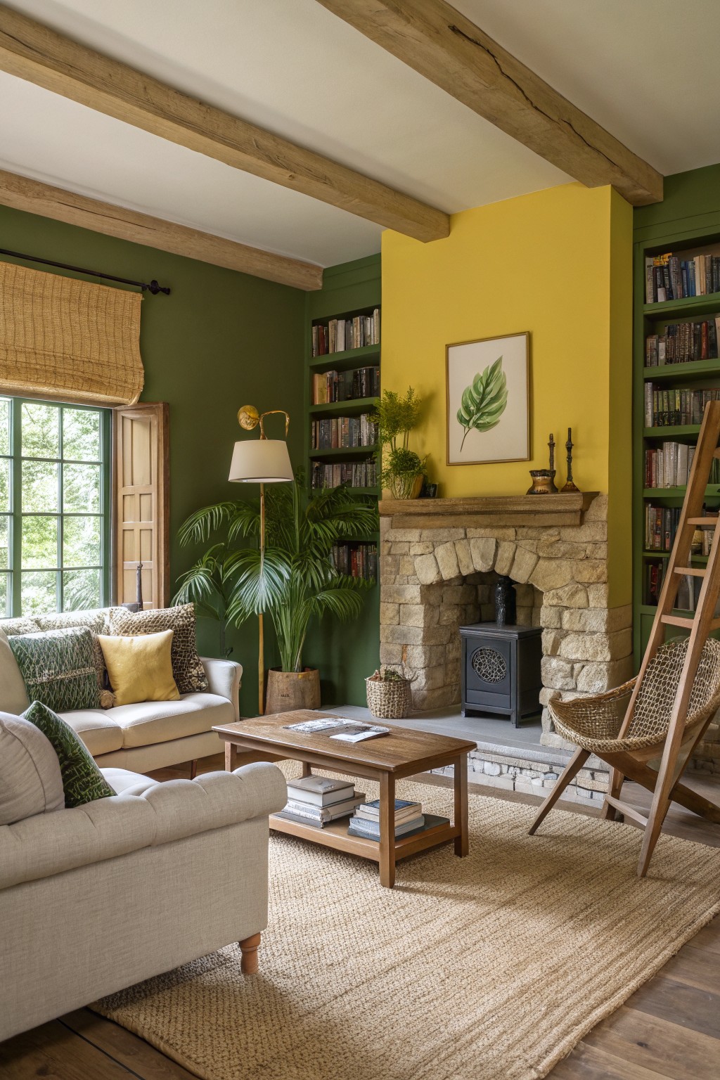 Living room with deep green walls, yellow accent behind stone fireplace, white sofa, wood beams, plants, and bookshelves