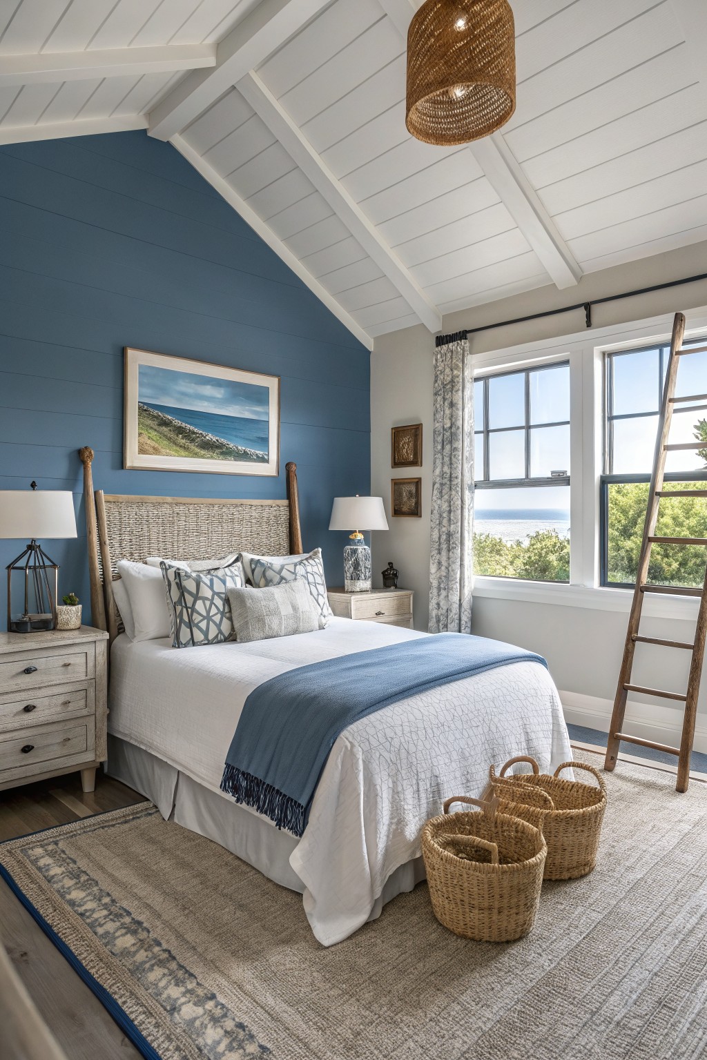 Cozy bedroom featuring deep navy shiplap accent wall behind a white bed with blue throw, flanked by white nightstands, woven baskets on beige rug, and large windows with ocean view
