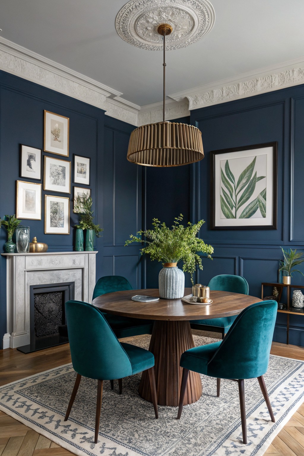 Dining room featuring deep navy blue paneled walls, emerald green velvet chairs, round wood table, marble fireplace, and potted plants
