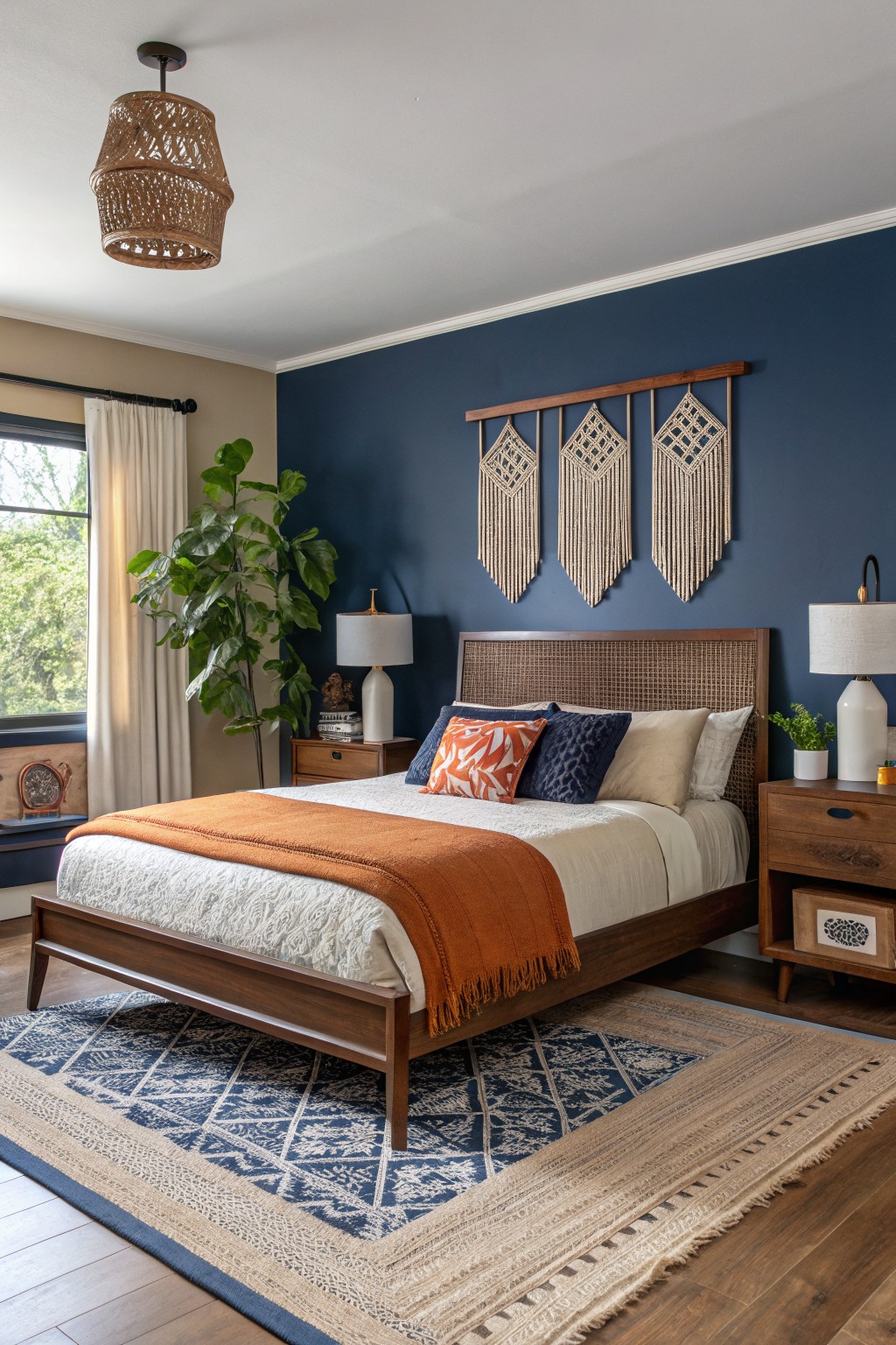 Cozy bedroom featuring deep navy accent wall with woven macrame hangings, rattan headboard bed dressed in white linens and orange throw, flanked by wood nightstands and potted plants