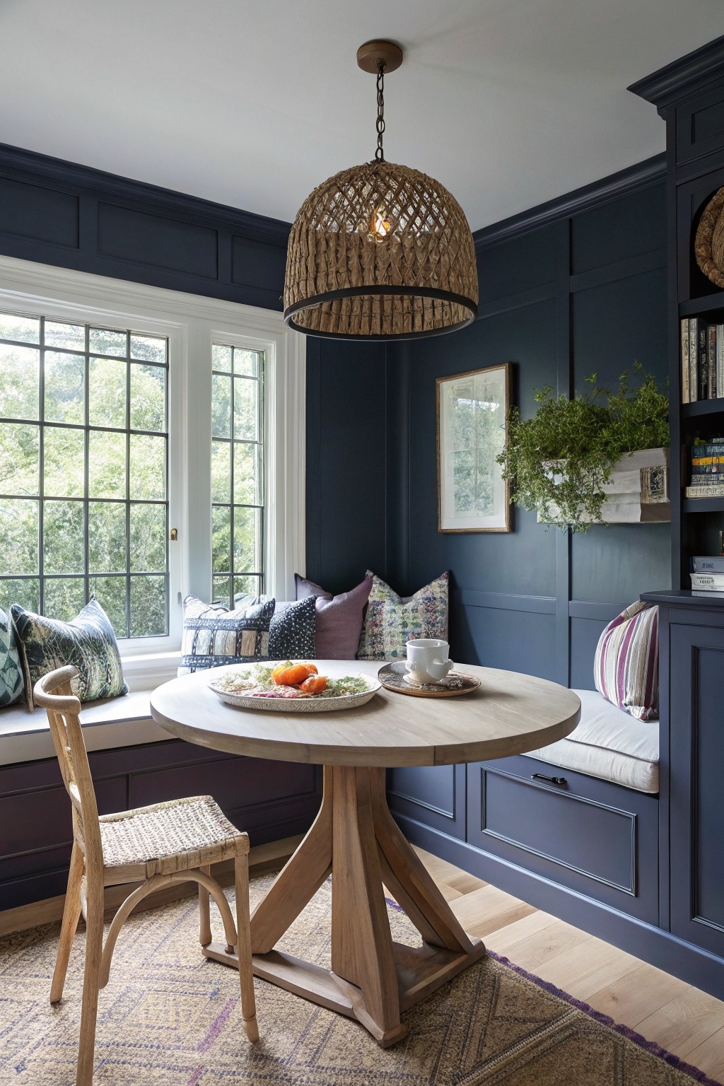 Breakfast nook with deep navy paneled walls, round wood table set for tea, built-in banquette with pillows, and rattan pendant light over window views of trees