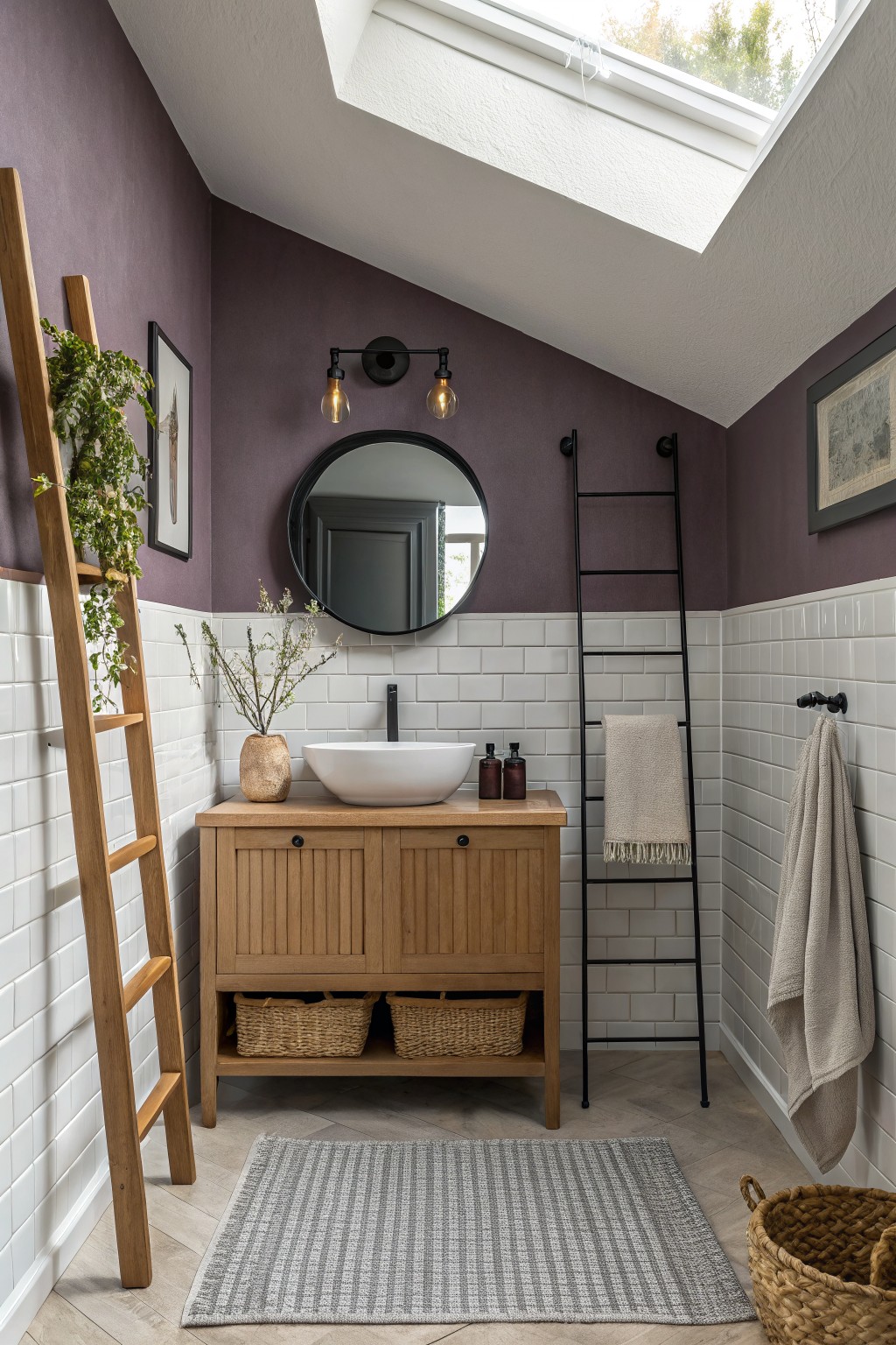 Attic bathroom with deep purple upper walls, white subway tile wainscot, oak slatted vanity, black metal ladder rack, and wooden plant ladder