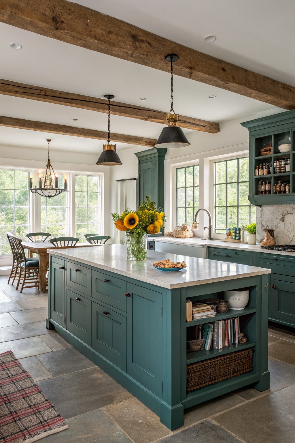 Kitchen featuring deep teal cabinets and island, white marble counters, wooden ceiling beams, and large windows with greenery outside