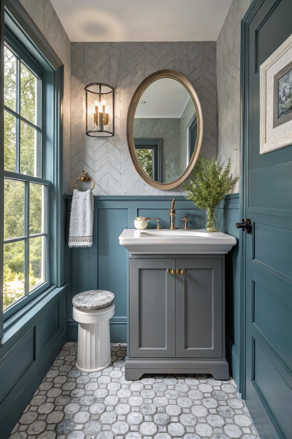 Small powder room featuring deep teal wainscoting on lower walls and door, gray herringbone tile upper walls, gray vanity with white sink, round gold mirror, and window with greenery view