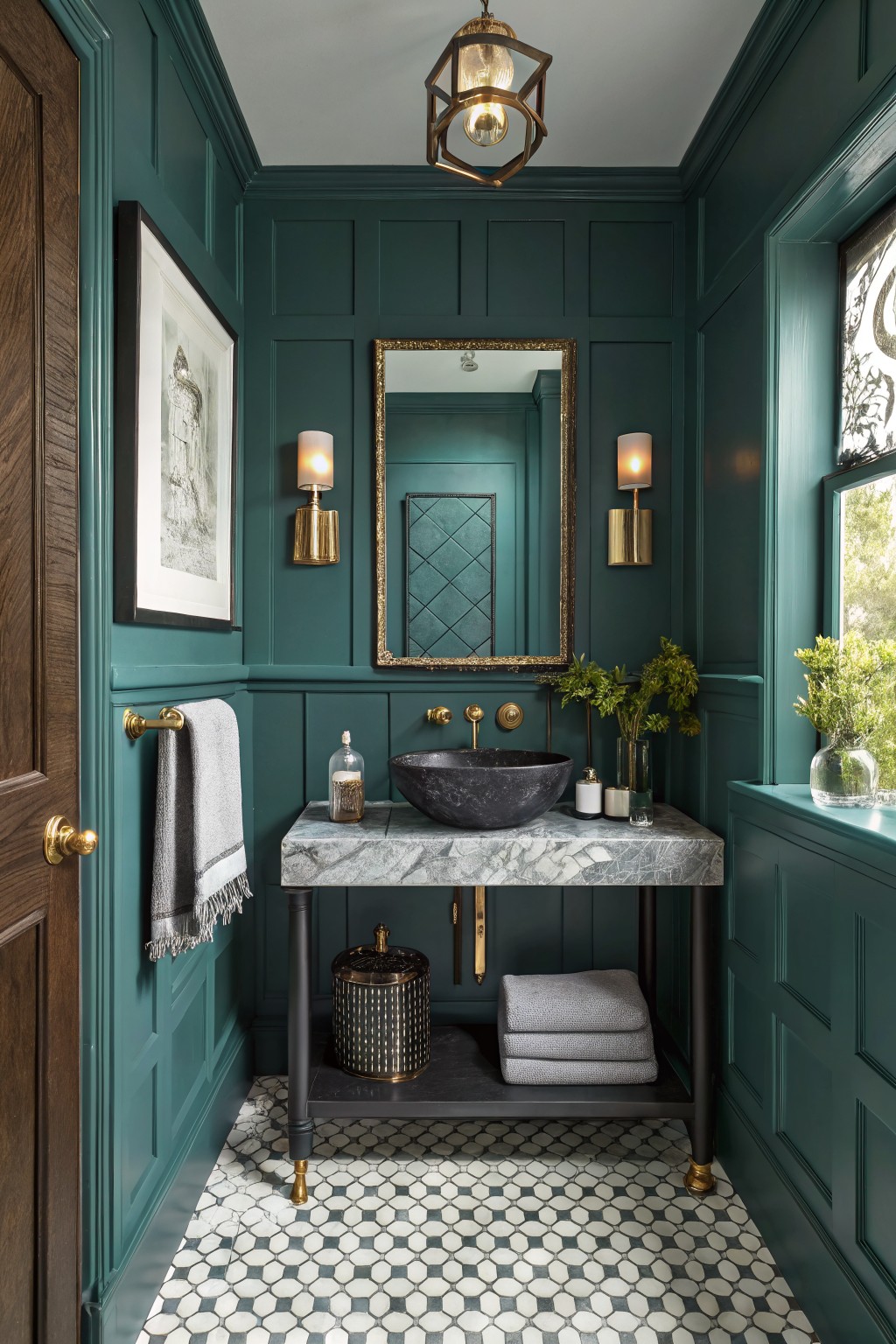 Small powder room featuring deep teal paneled walls, black stone vessel sink on gray marble vanity with brass legs, gold-framed mirror, potted greenery, and black-and-white geometric tile floor