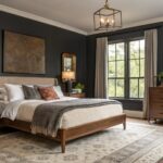 Cozy bedroom featuring deep charcoal gray walls accented by a wooden bed frame, neutral textiles, and warm lighting from a rattan pendant