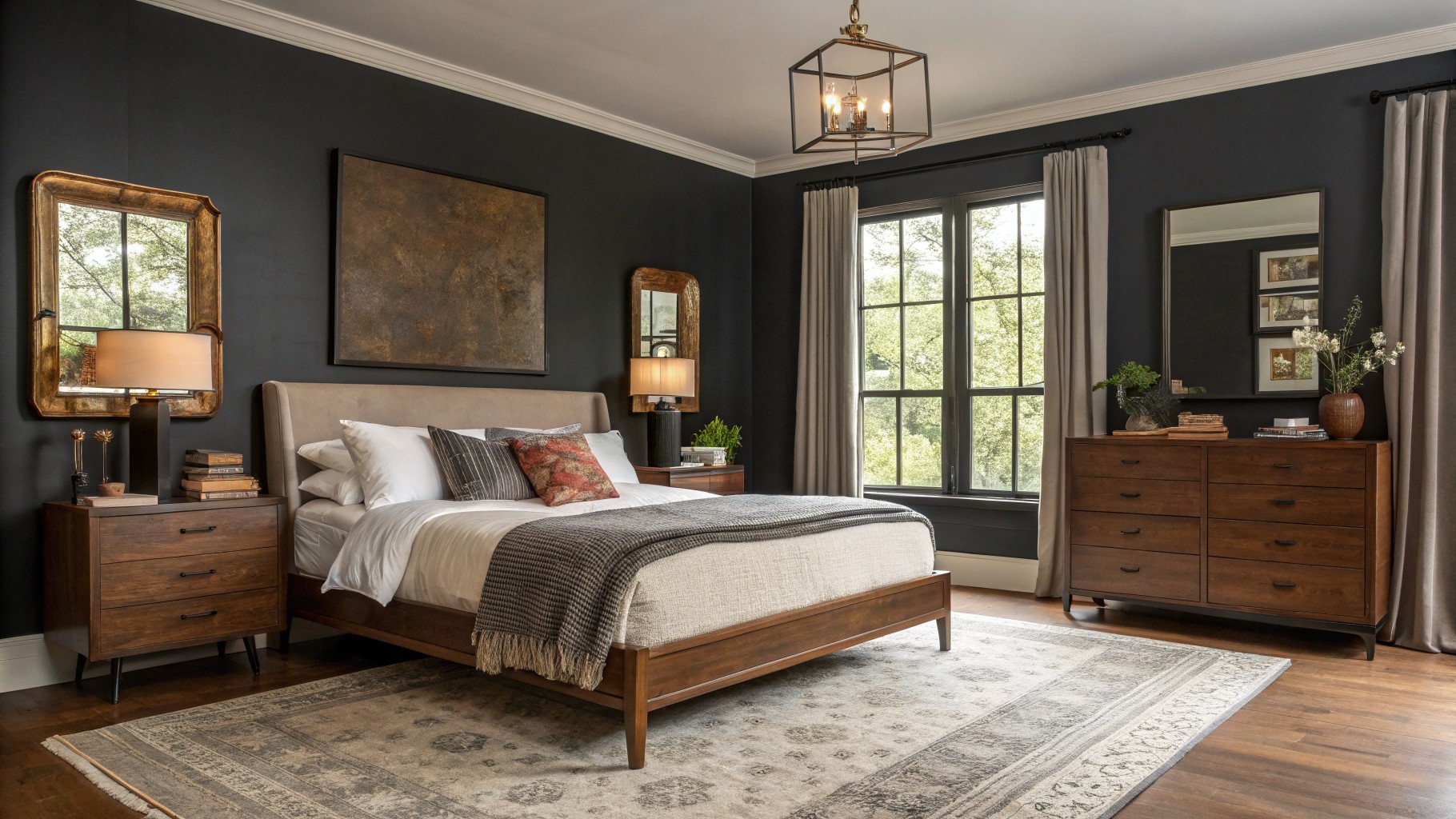 Cozy bedroom featuring deep charcoal gray walls accented by a wooden bed frame, neutral textiles, and warm lighting from a rattan pendant