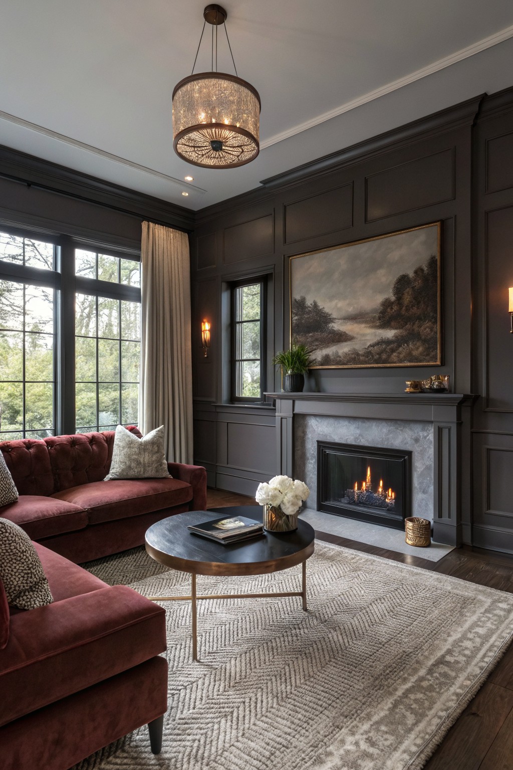 Living room with deep charcoal gray paneled walls, red velvet tufted sofa, gas fireplace, and large windows