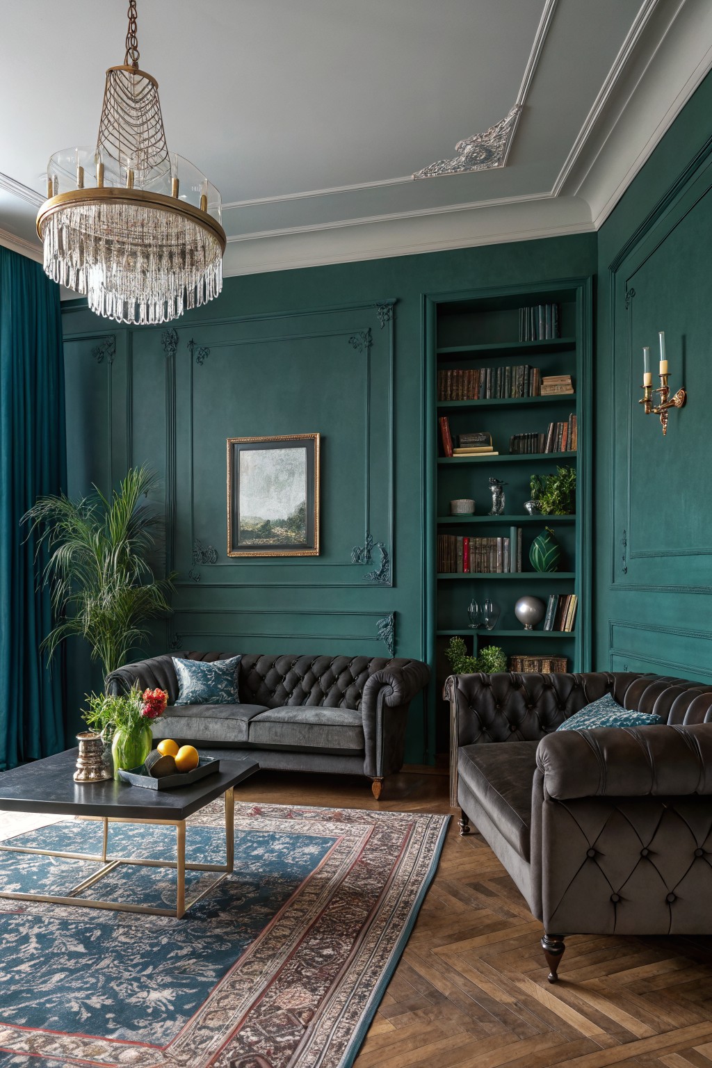 Elegant living room featuring deep emerald green paneled walls, tufted gray velvet sofas, brass chandelier, and built-in green bookshelves with plants