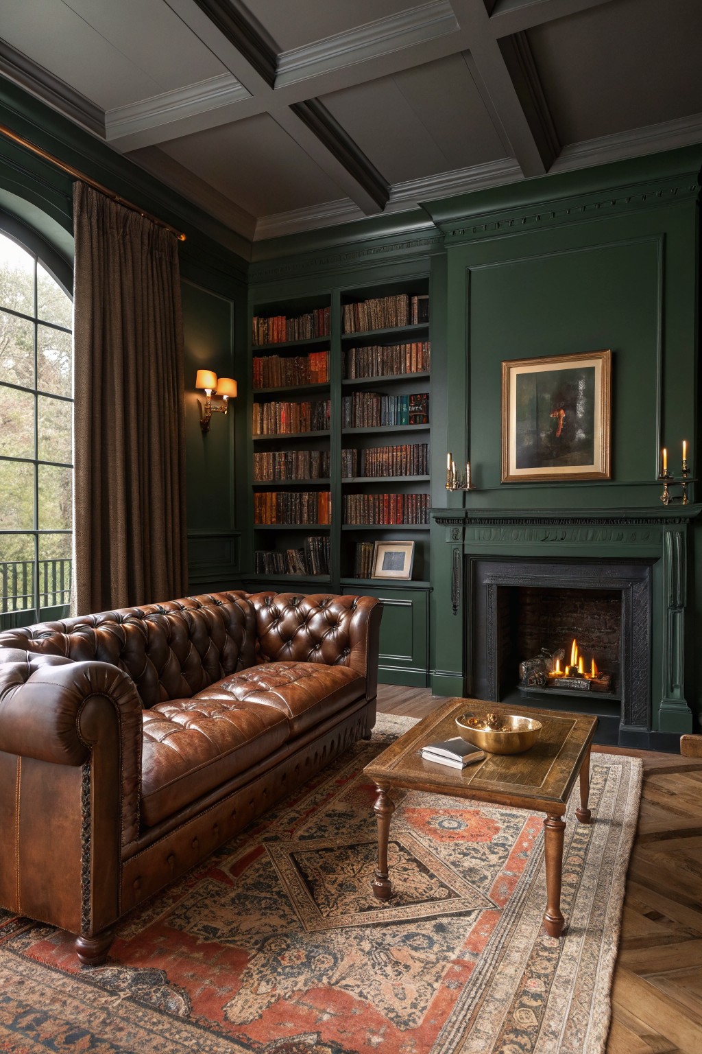 Cozy living room with deep green paneled walls, tufted leather sofa, bookshelves, and a glowing fireplace