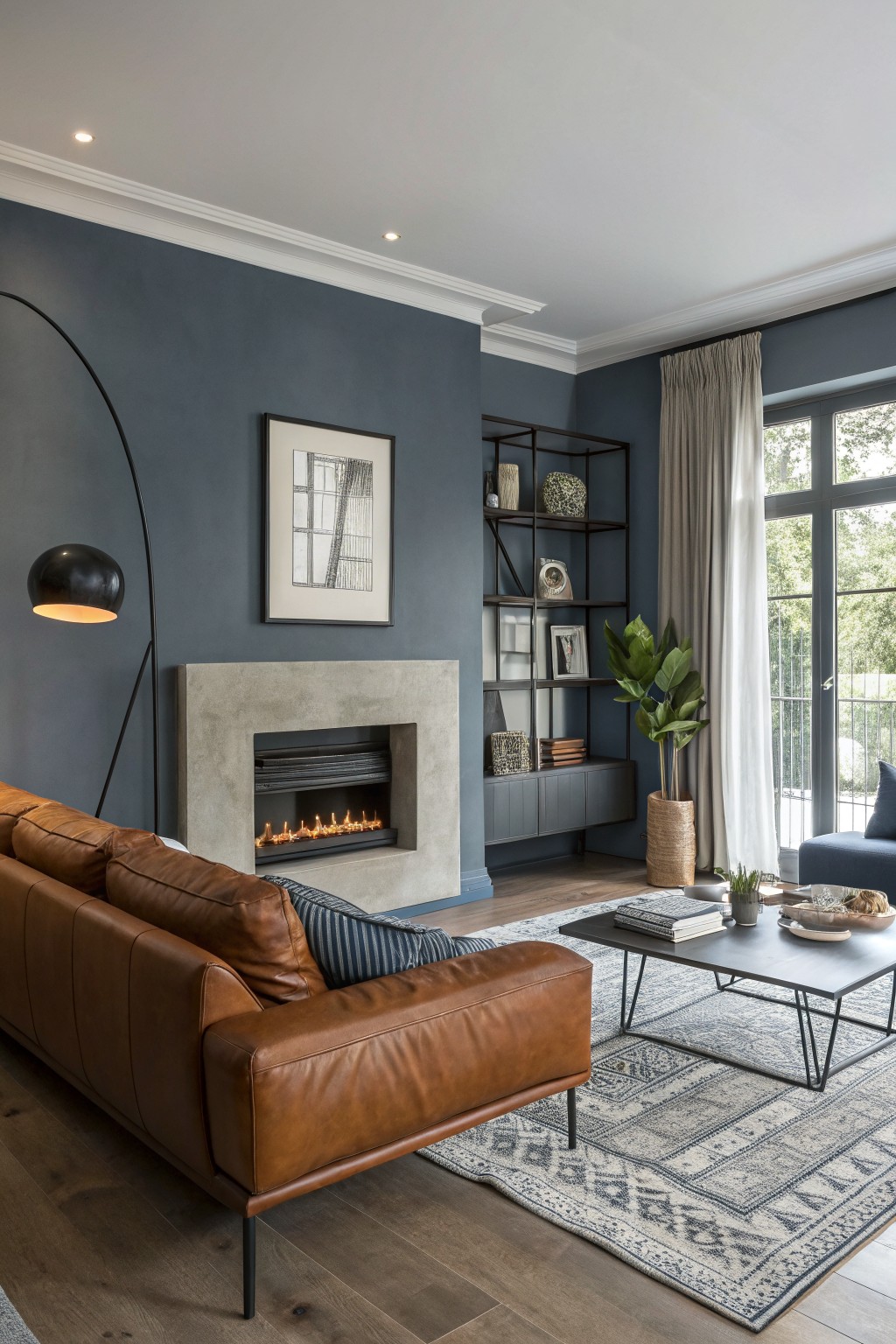 Elegant living room featuring deep navy walls, tan leather sofa, concrete fireplace, black metal shelving, and large windows with sheer curtains