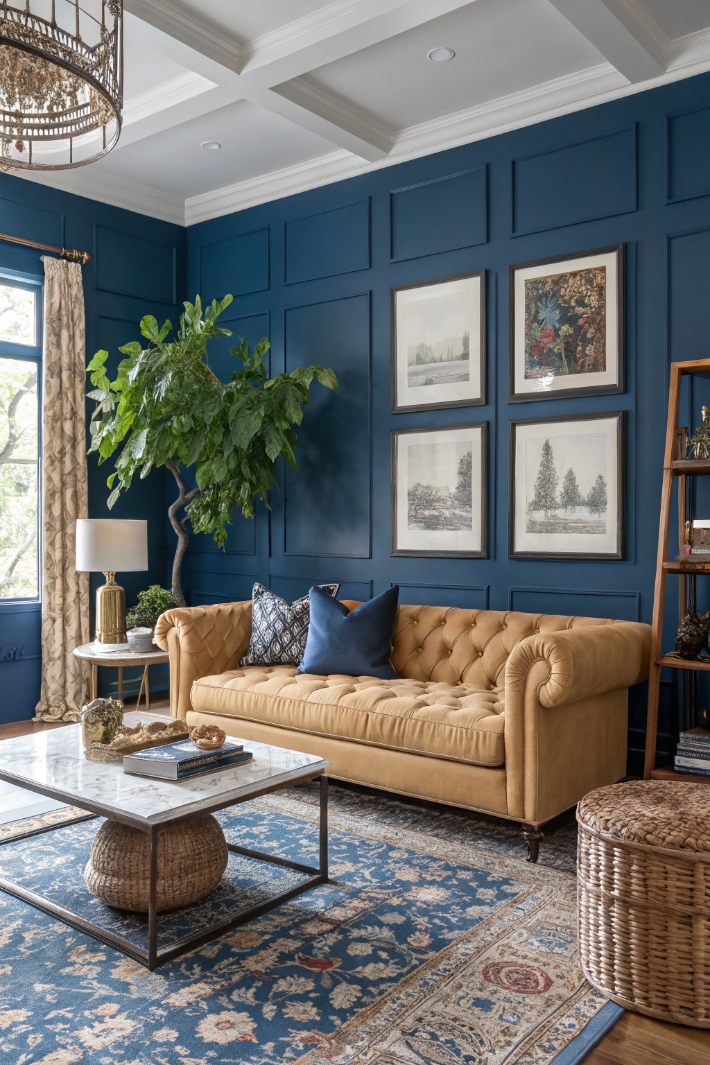 Elegant living room featuring deep navy paneled walls, tufted mustard sofa, marble coffee table, and blue Persian rug