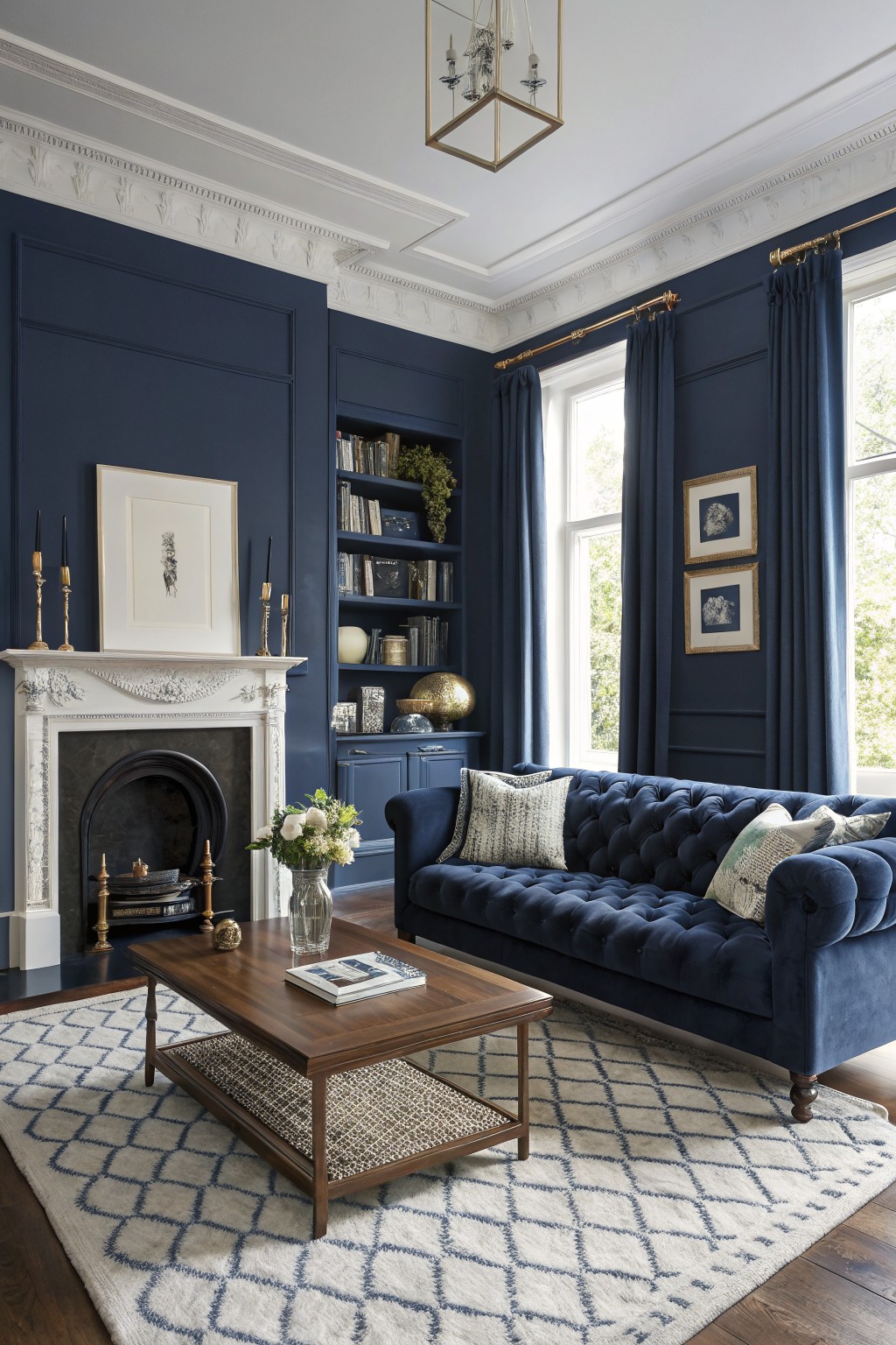 Elegant living room with deep navy paneled walls, velvet blue sofa, white fireplace, and wood coffee table on a cream rug