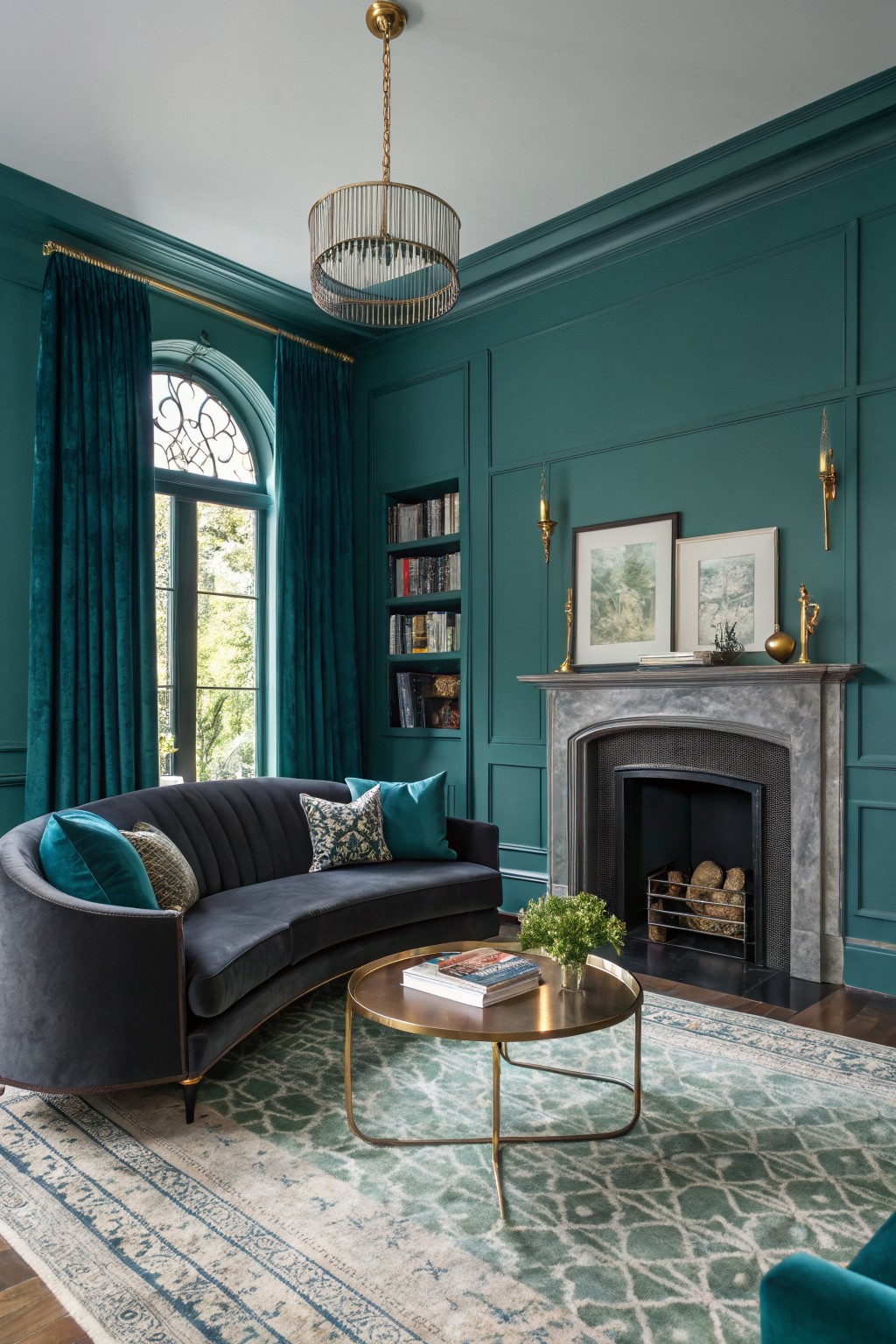 Cozy living room featuring deep teal paneled walls, curved charcoal velvet sofa, gold coffee table, and marble fireplace with log grate