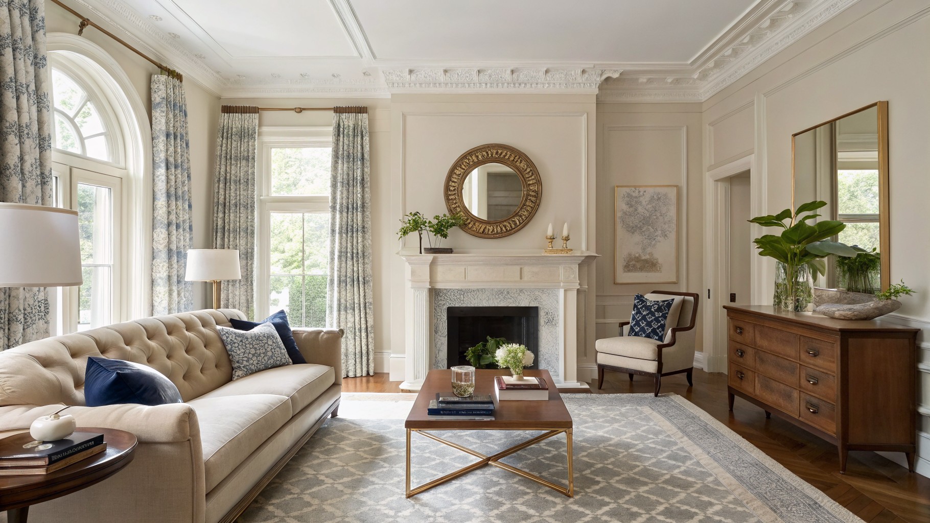 Elegant living room with warm beige walls, tufted cream sofa, wood coffee table, marble fireplace, gold mirror, and large window with drapes