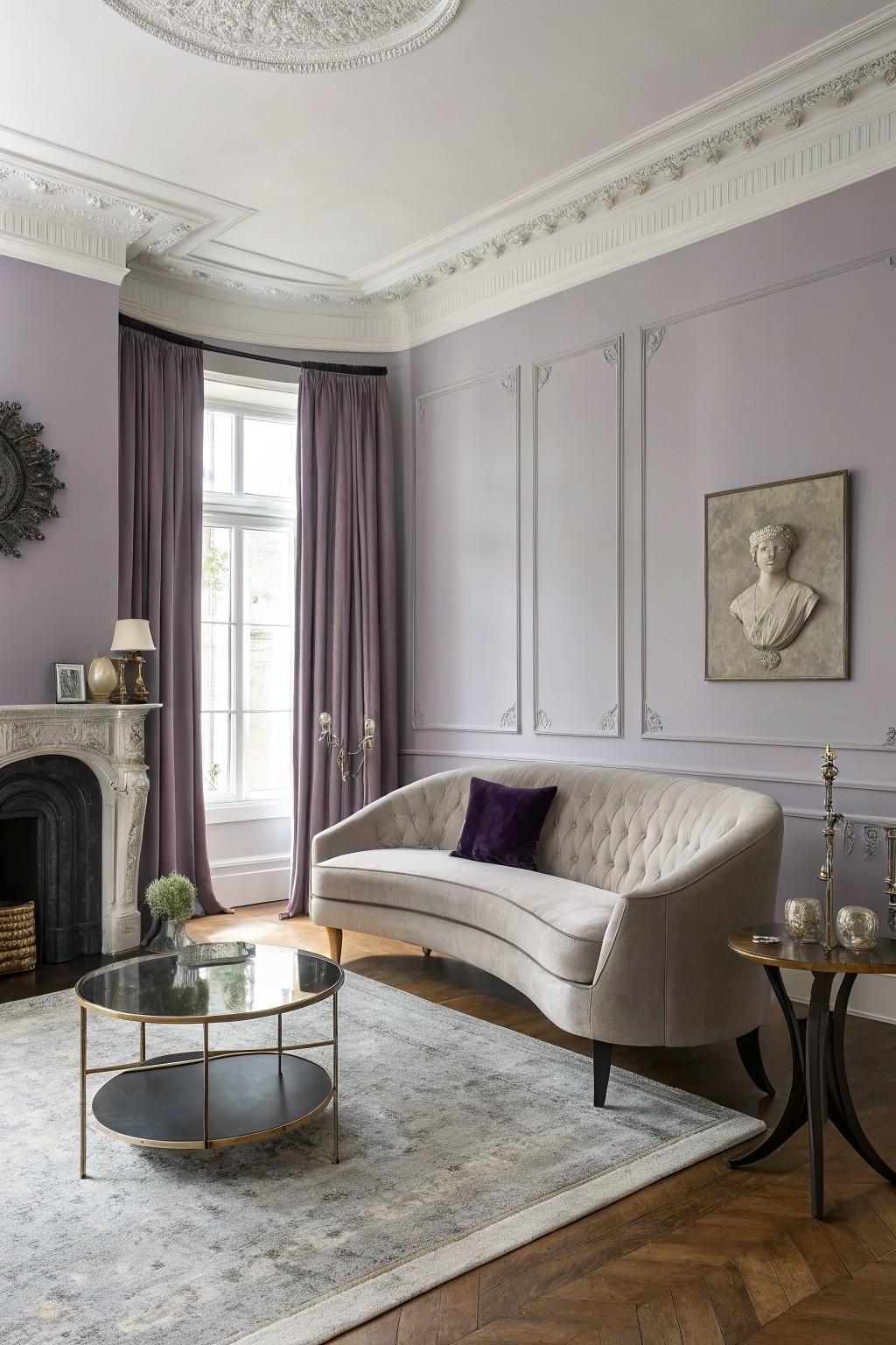 Elegant living room with pale lavender walls, curved cream tufted sofa, marble fireplace, brass accents, and bay window with purple drapes