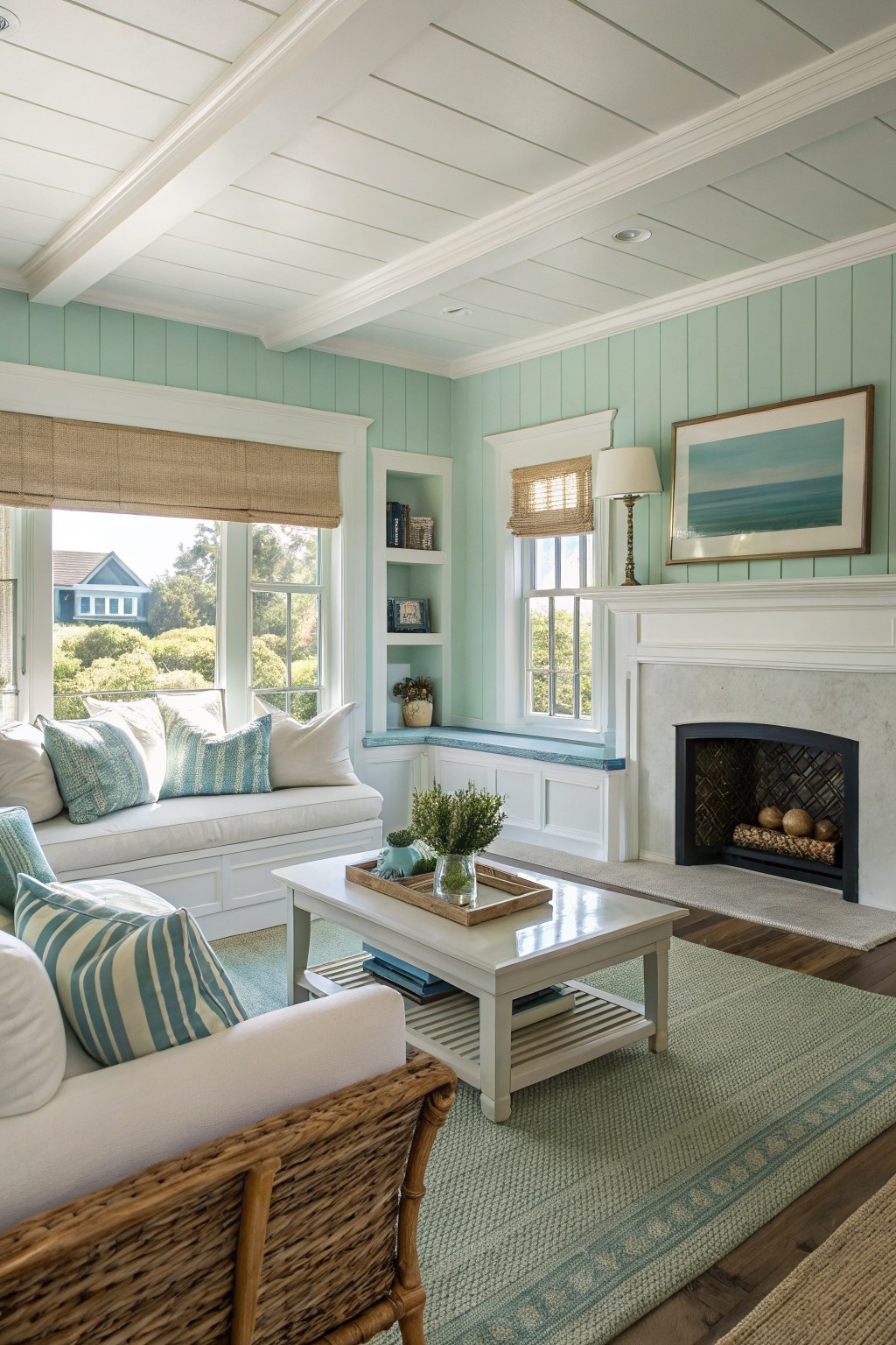 Living room with pale mint green shiplap walls, white trim, window seat by fireplace, coastal decor and natural light