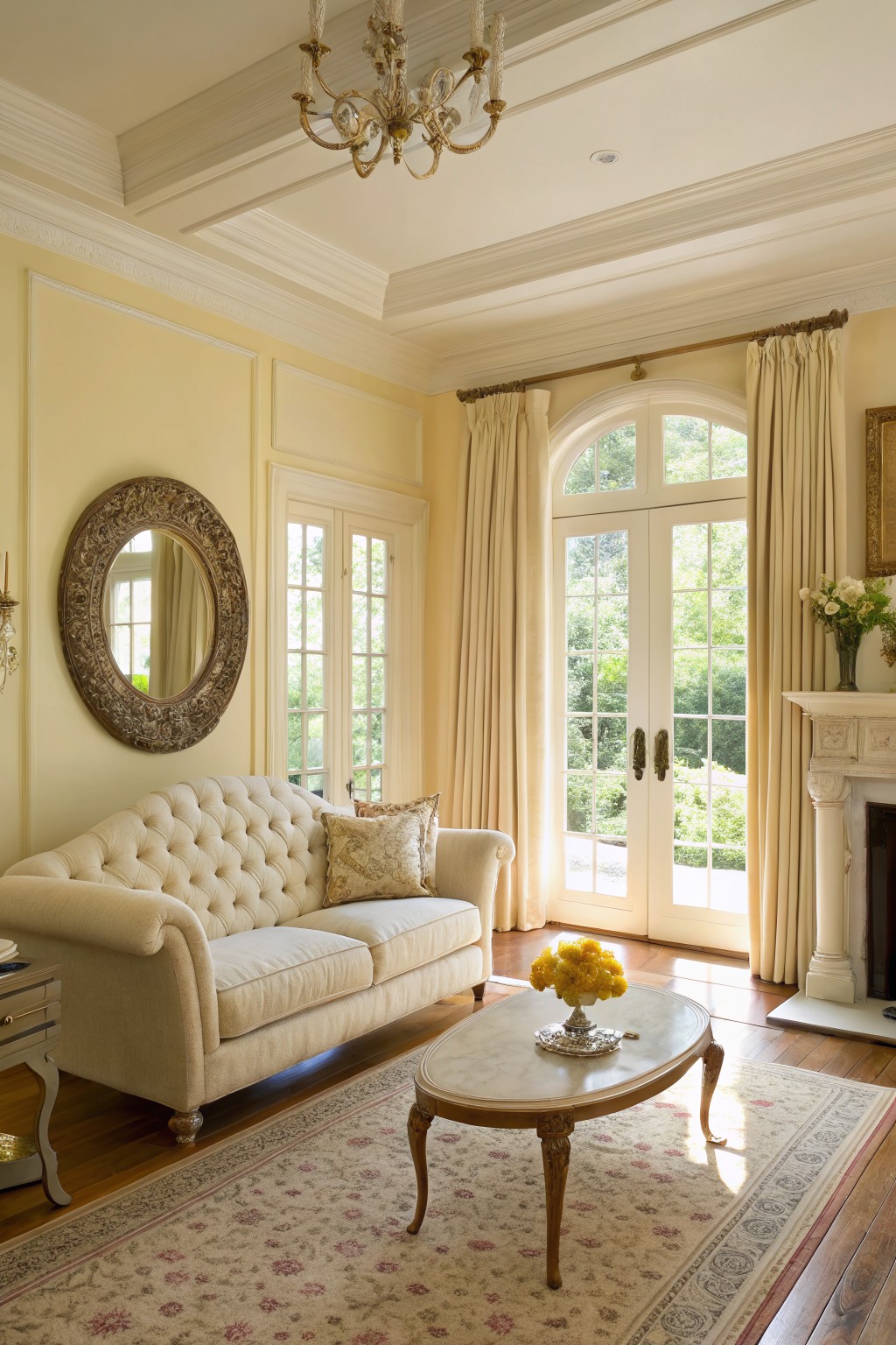 Pale yellow walls in elegant living room with tufted cream sofa, oval coffee table, and French doors to garden