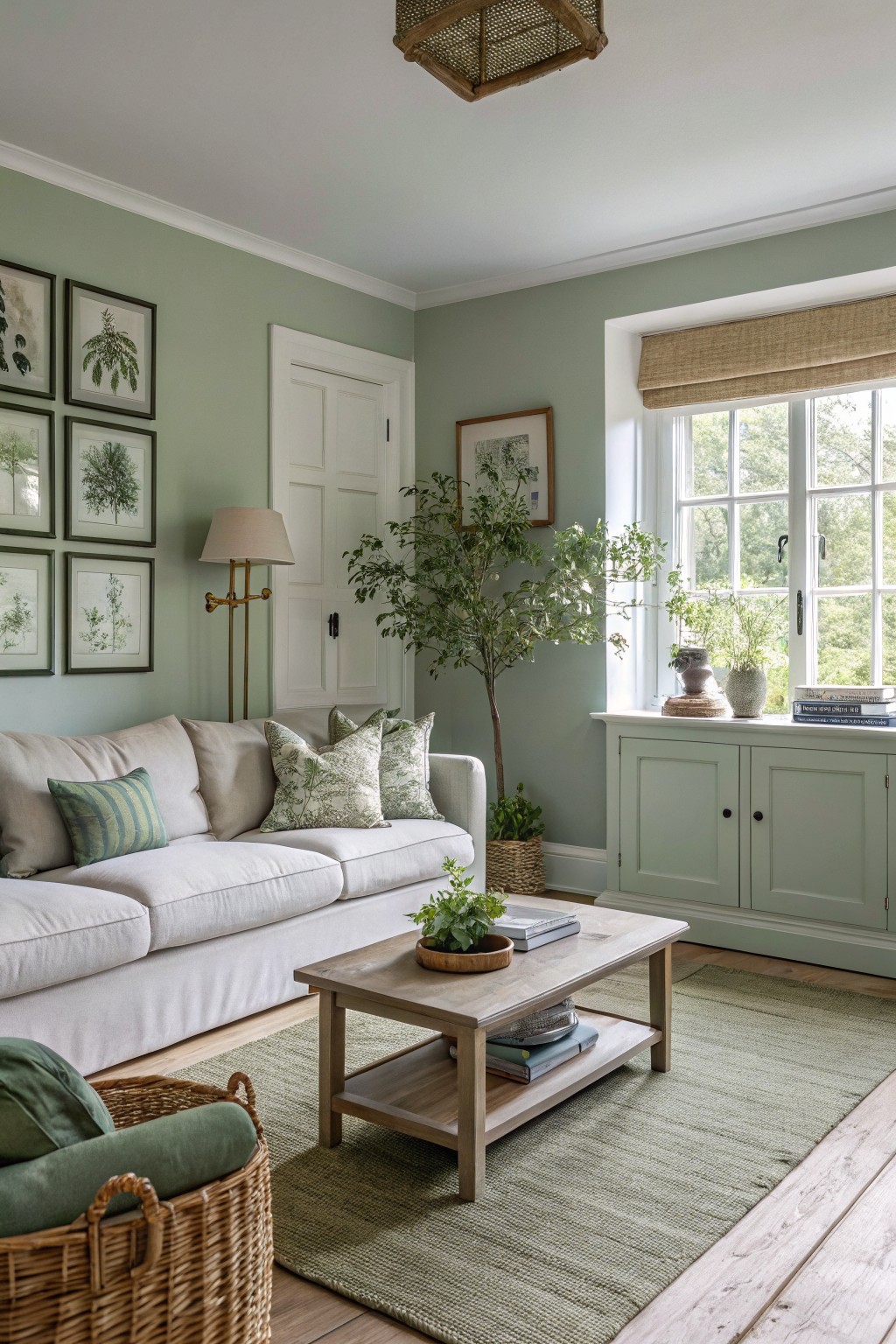 Living room with pale sage green walls, white sofa, potted tree, wooden coffee table, and botanical art