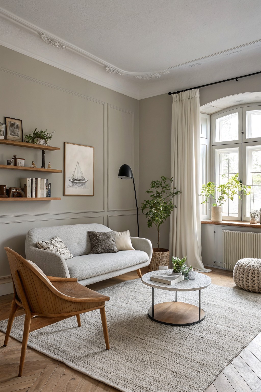 Living room with soft greige walls, gray sofa, wooden armchair, plants, shelves, and large curtained windows over hardwood floors