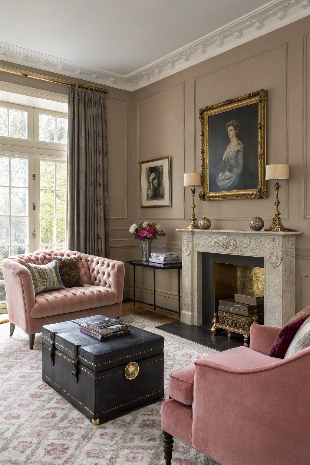 Living room with soft greige paneled walls, pink tufted chairs, marble fireplace, and gilded portrait above mantel