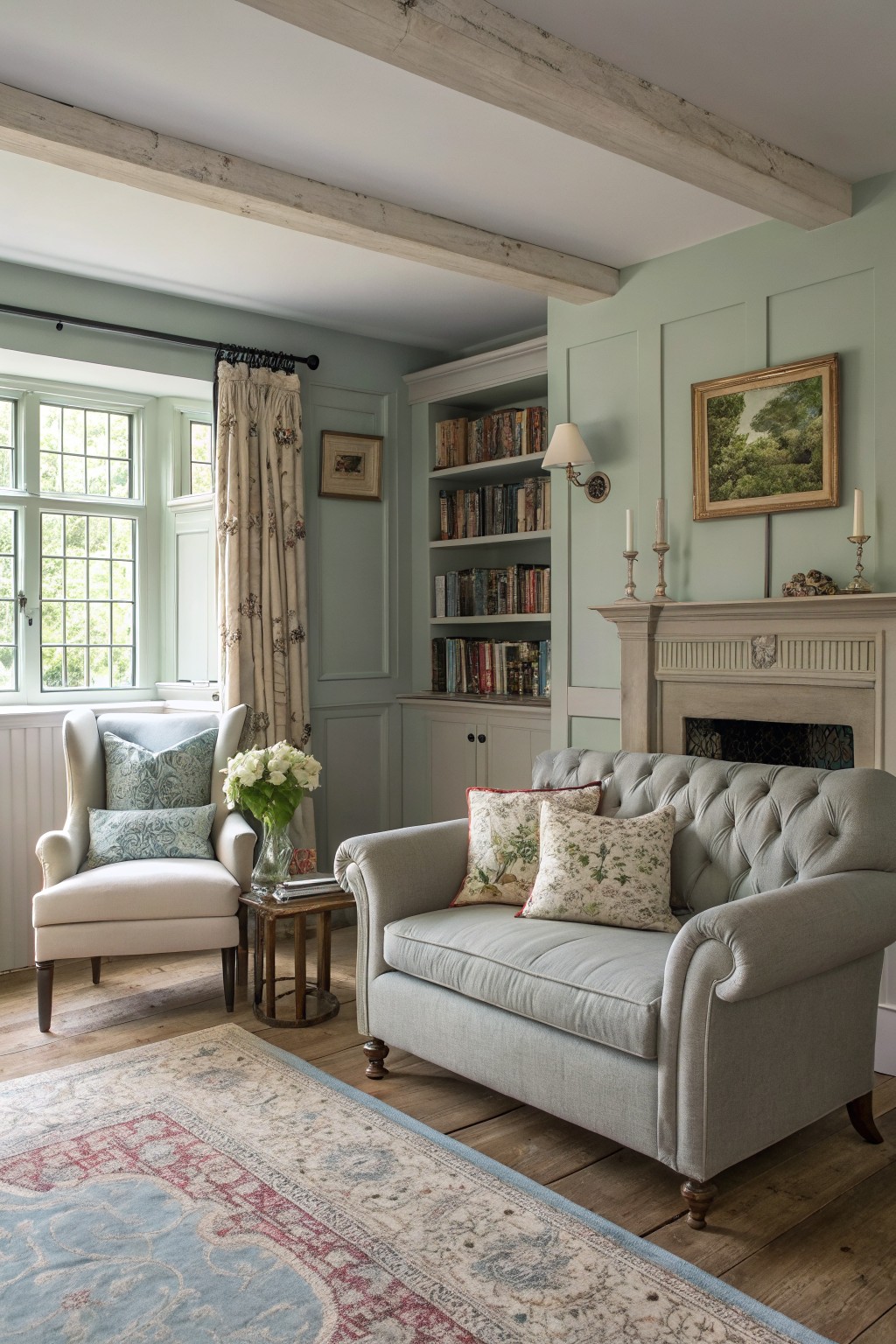 Pale sage green walls in a cozy living room with exposed wood beams, cream sofa and armchair, neutral rug, and stone fireplace