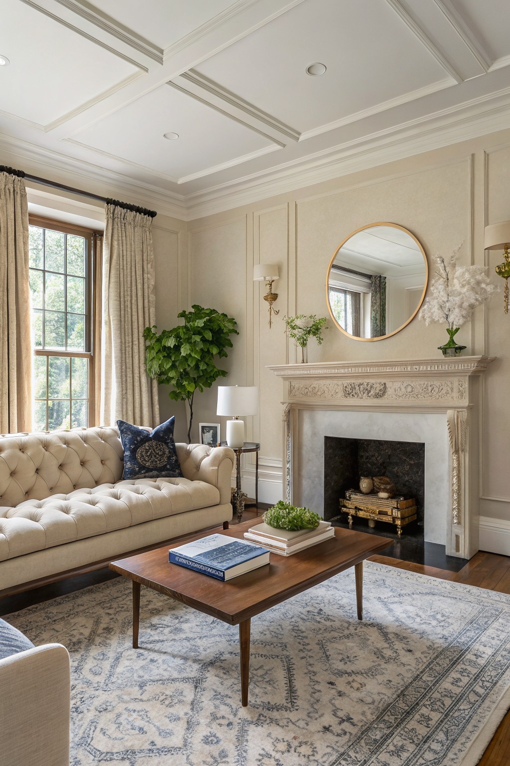Elegant living room with warm beige walls, tufted cream sofa, wood coffee table, marble fireplace, gold mirror, and large window with drapes