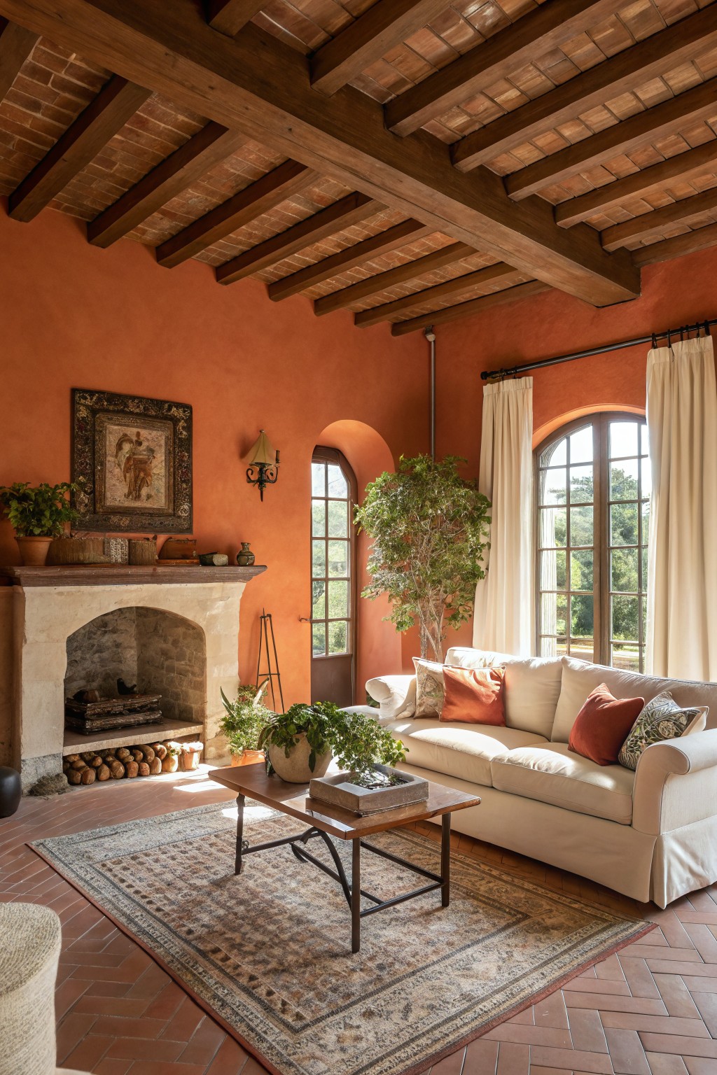 Living room with warm terracotta orange walls, wooden ceiling beams, white sofa, stone fireplace, and arched windows with greenery outside