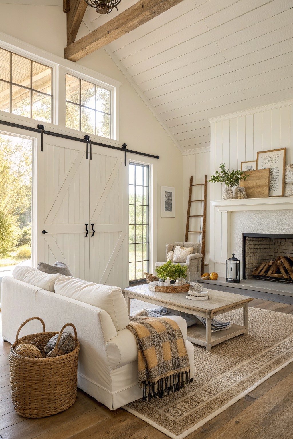 Living room with warm white walls and trim, exposed wood beams, white barn doors opening to outdoors, cozy sofa by stone fireplace