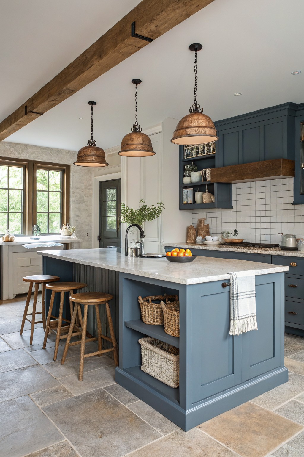 Farmhouse kitchen featuring deep navy blue cabinets on a large island with white marble countertop, wood bar stools, copper pendant lights, subway tile backsplash, and exposed wood beams.