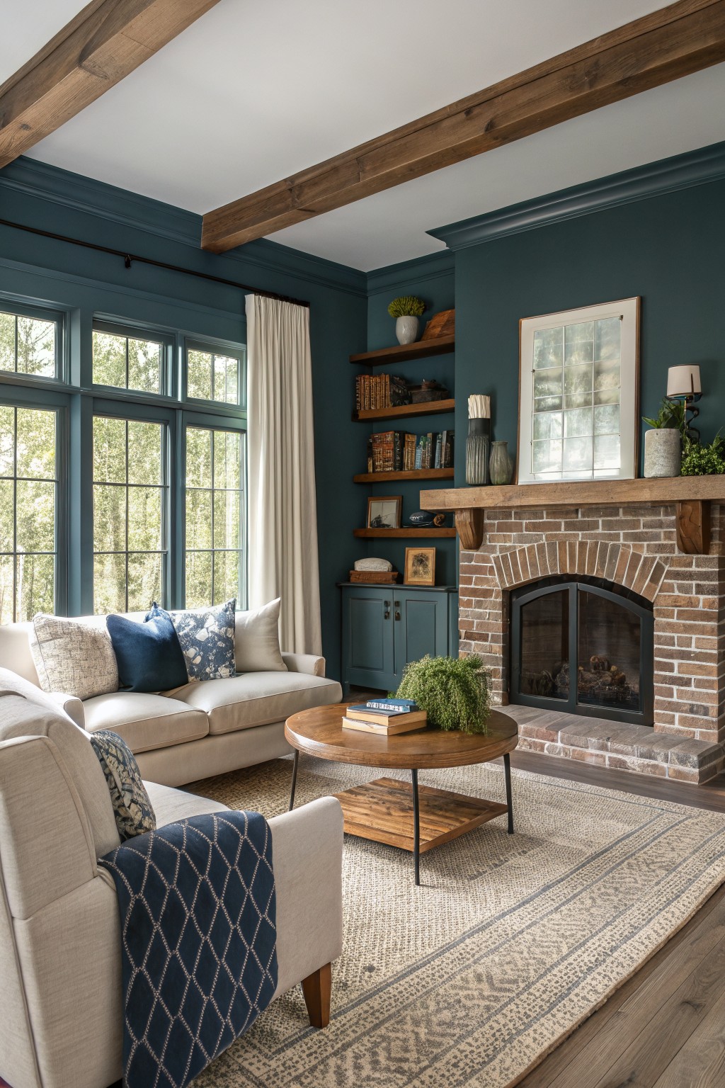 Living room featuring deep teal walls, exposed wood beams, brick arched fireplace, white sofa with blue pillows, wood coffee table, and large windows with white curtains