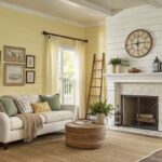 Cozy farmhouse living room featuring pale butter yellow shiplap walls, a white brick fireplace with wood mantel, cream slipcovered sofa, and seagrass rug on hardwood floors