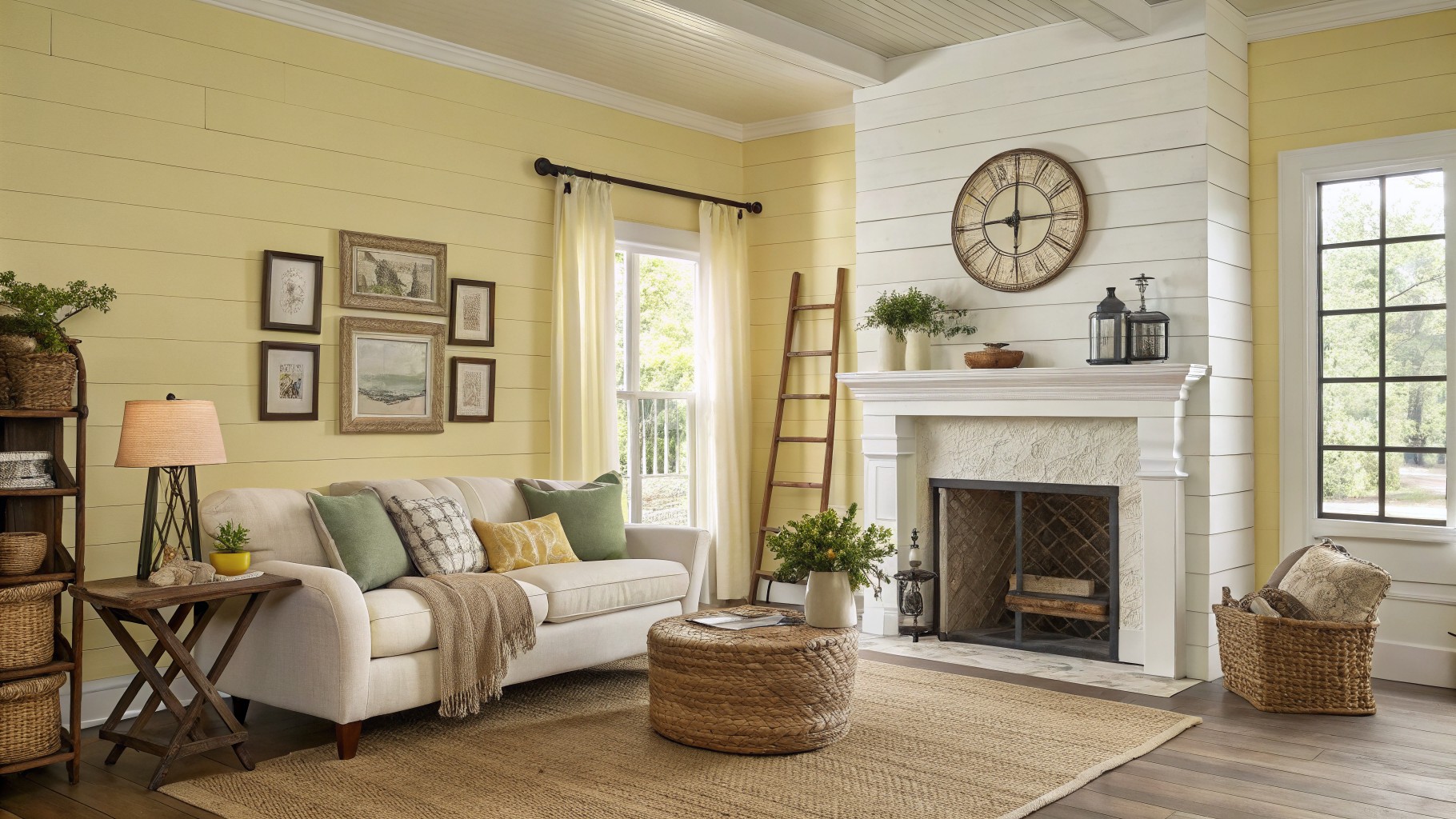Cozy farmhouse living room featuring pale butter yellow shiplap walls, a white brick fireplace with wood mantel, cream slipcovered sofa, and seagrass rug on hardwood floors