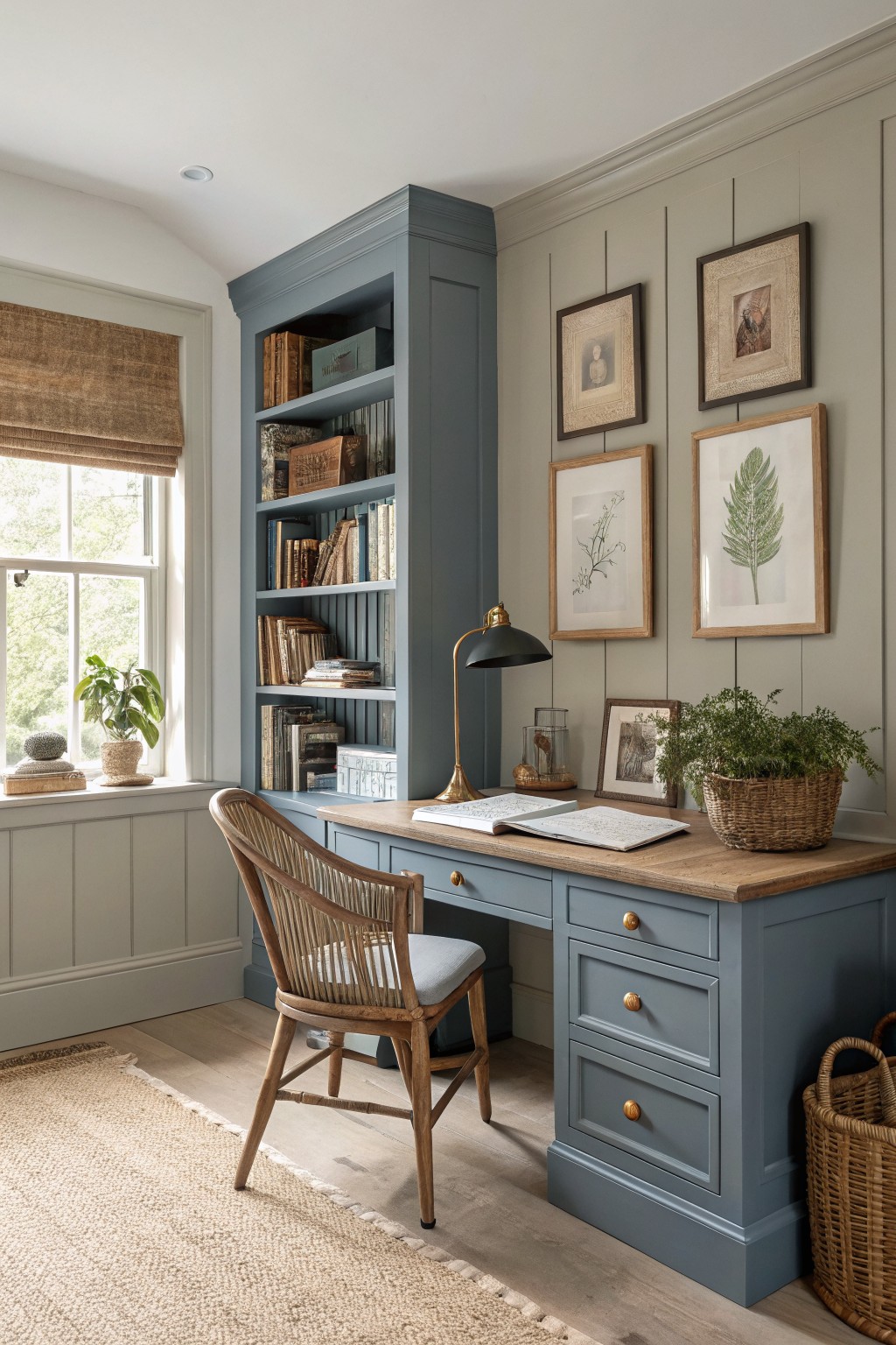 Cozy farmhouse home office featuring deep navy blue built-in bookcase and desk against soft greige walls, with rattan chair, woven baskets, and botanical art